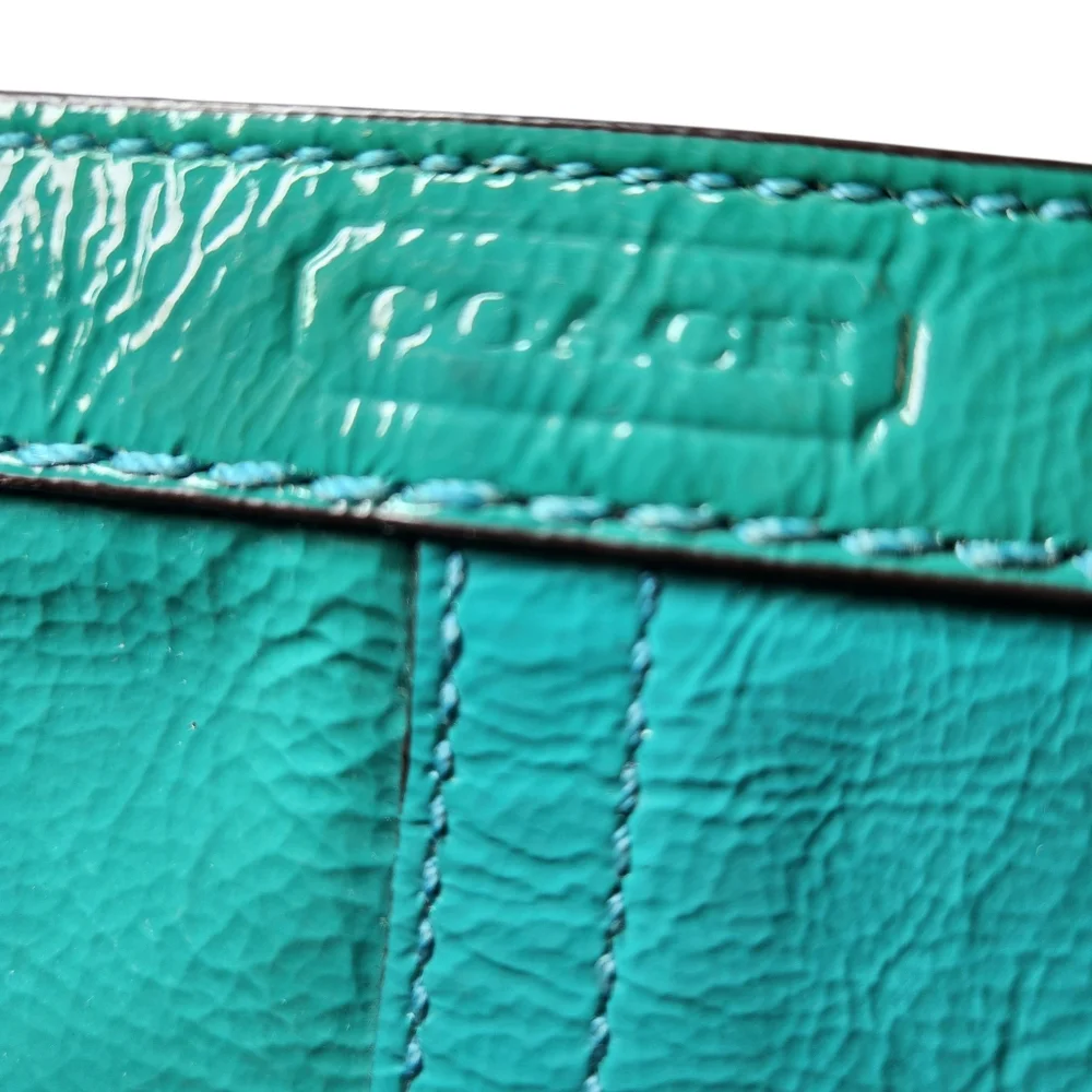 Coach Turquoise Teal‎ Oversized Wristlet Clutch Bag Patent Leather Wrist Strap